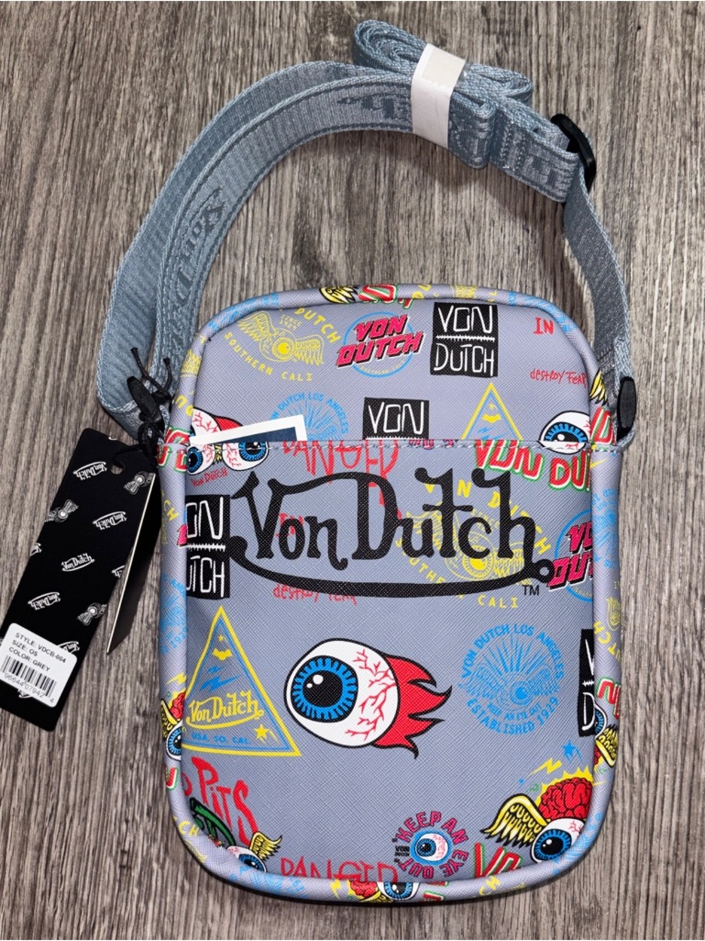 Von Dutch Crossbody Bag Grey All Over Print Y2K Streetwear Shoulder Bag NWT